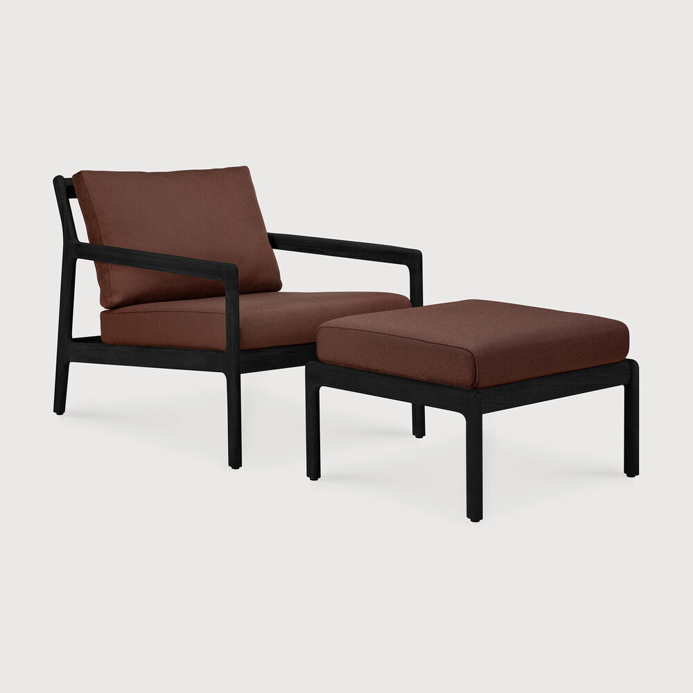 Jack Outdoor Footstool | Varnished Teak | Black | Burgundy Fabric