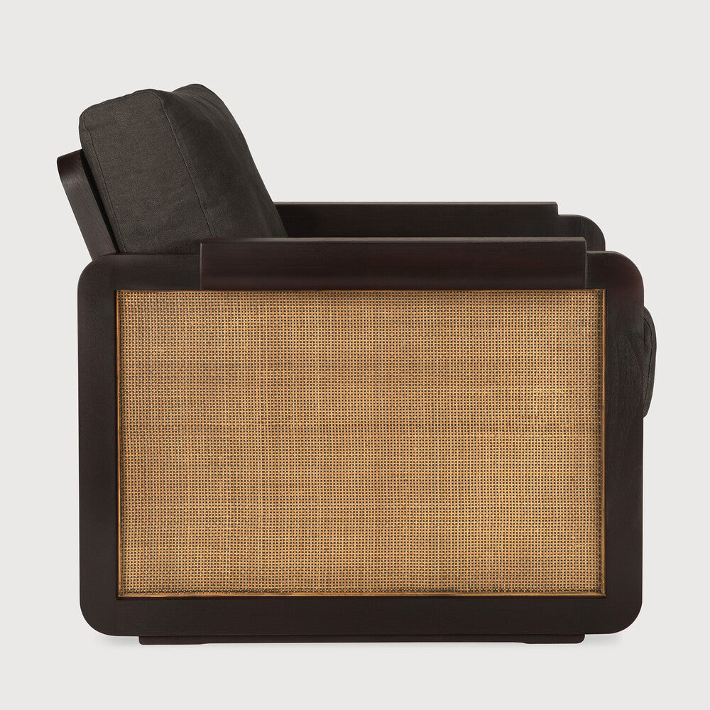 Panel Lounge Chair | Varnished Teak | Dark Brown | Rattan Roasted | Grey Linen