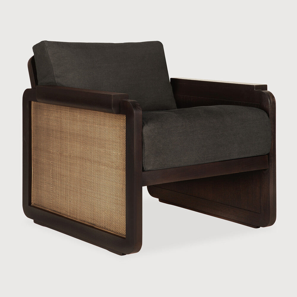 Panel Lounge Chair | Varnished Teak | Dark Brown | Rattan Roasted | Grey Linen