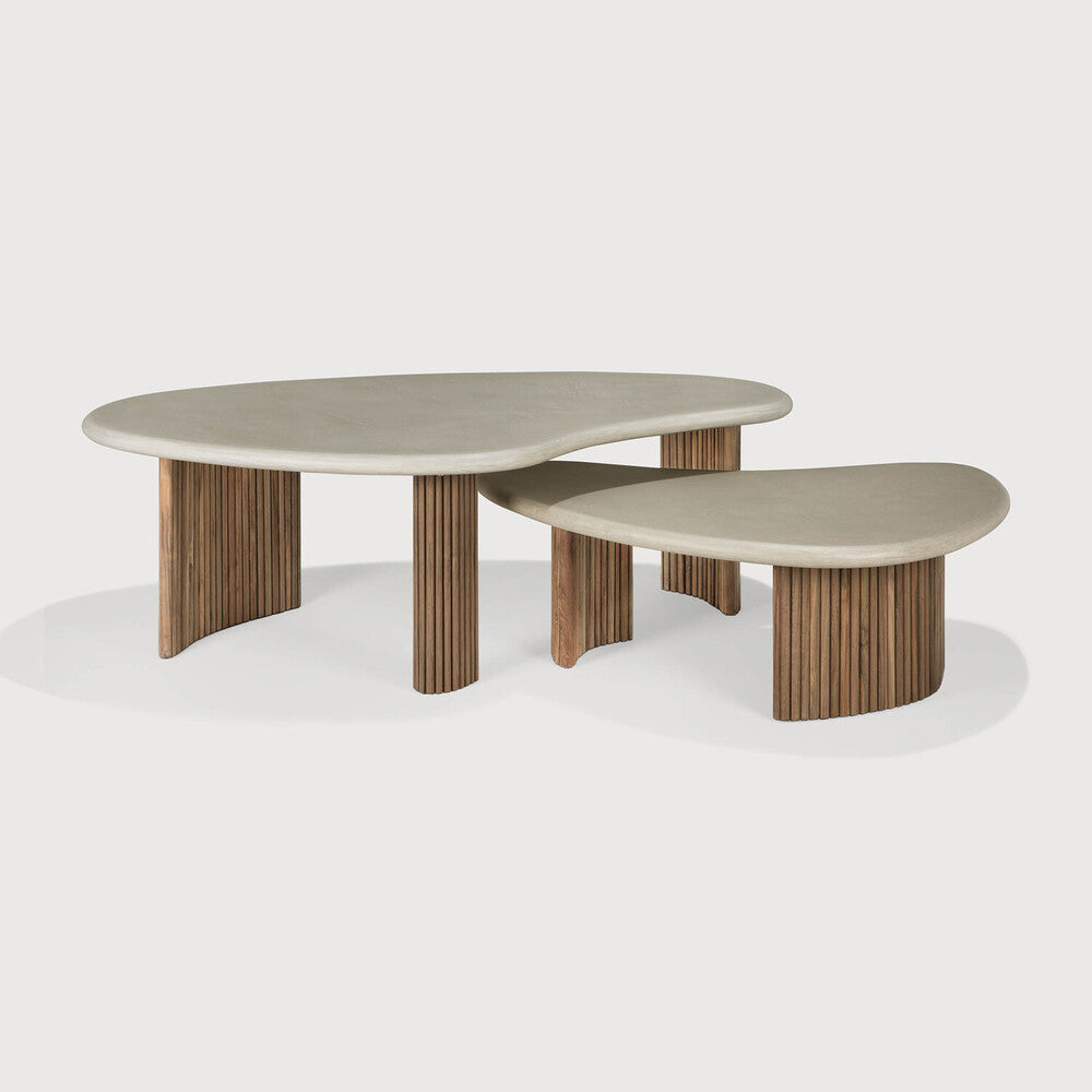 Boomerang Outdoor Coffee Table | Varnished Concrete Top | Reclaimed Teak Base | Light Grey | Pebble Shape | 50" X 29"