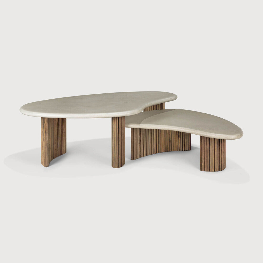 Boomerang Outdoor Coffee Table | Varnished Concrete Top | Reclaimed Teak Base | Light Grey | Pebble Shape | 35" X 24"