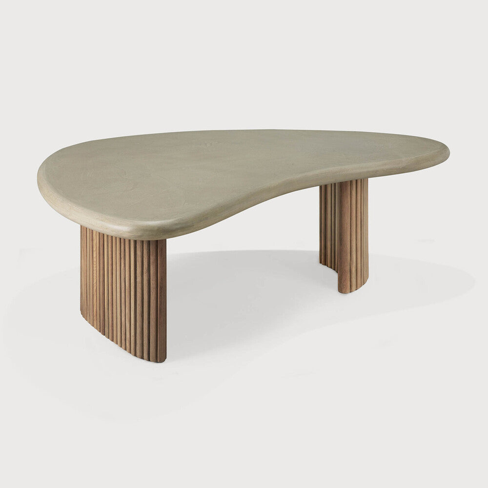 Boomerang Outdoor Coffee Table | Varnished Concrete Top | Reclaimed Teak Base | Light Grey | Pebble Shape | 35" X 24"