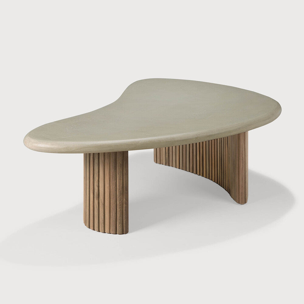 Boomerang Outdoor Coffee Table | Varnished Concrete Top | Reclaimed Teak Base | Light Grey | Pebble Shape | 35" X 24"
