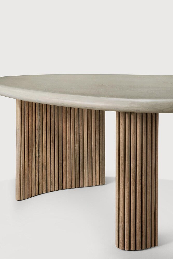 Boomerang Outdoor Coffee Table | Varnished Concrete Top | Reclaimed Teak Base | Light Grey | Pebble Shape | 35" X 24"