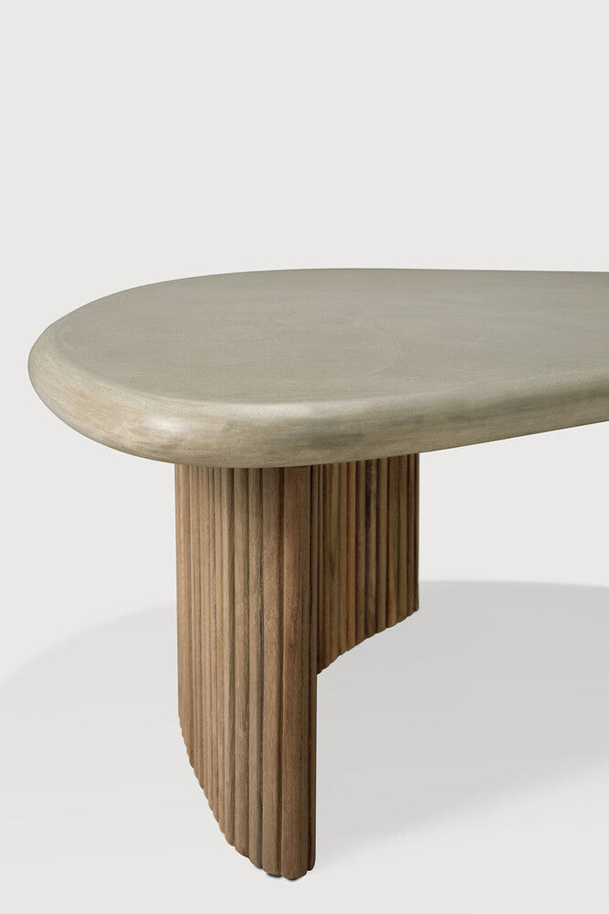 Boomerang Outdoor Coffee Table | Varnished Concrete Top | Reclaimed Teak Base | Light Grey | Pebble Shape | 35" X 24"