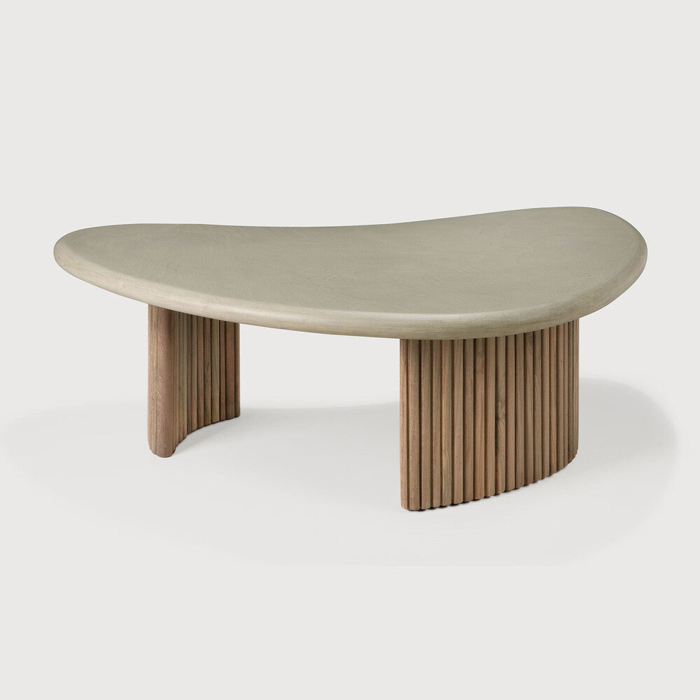 Boomerang Outdoor Coffee Table | Varnished Concrete Top | Reclaimed Teak Base | Light Grey | Pebble Shape | 35" X 24"