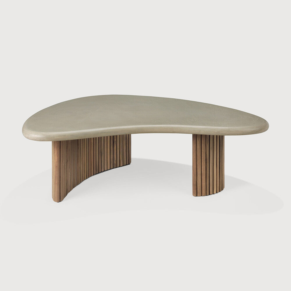 Boomerang Outdoor Coffee Table | Varnished Concrete Top | Reclaimed Teak Base | Light Grey | Pebble Shape | 35" X 24"