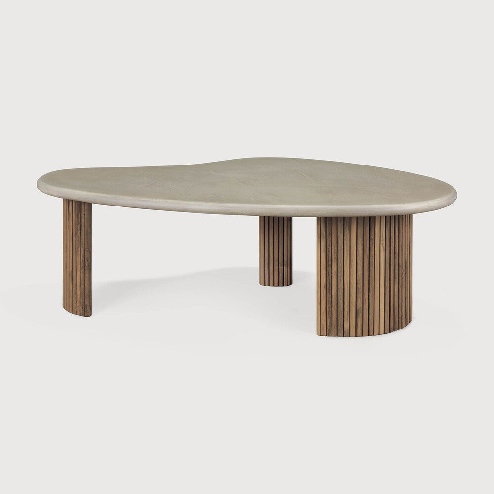 Boomerang Outdoor Coffee Table | Varnished Concrete Top | Reclaimed Teak Base | Light Grey | Pebble Shape | 50" X 29"