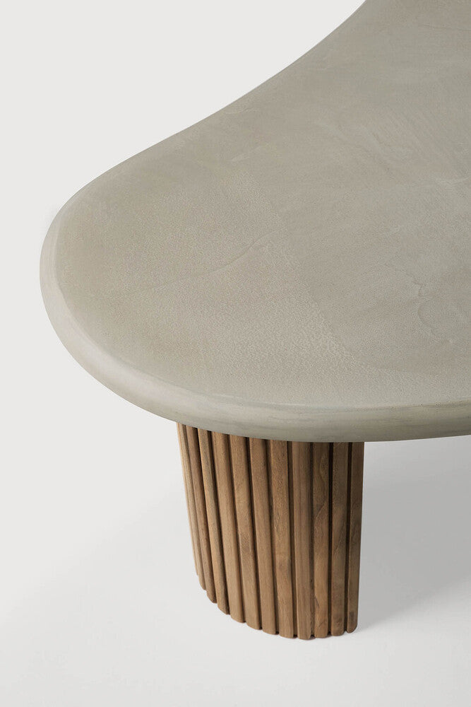 Boomerang Outdoor Coffee Table | Varnished Concrete Top | Reclaimed Teak Base | Light Grey | Pebble Shape | 50" X 29"
