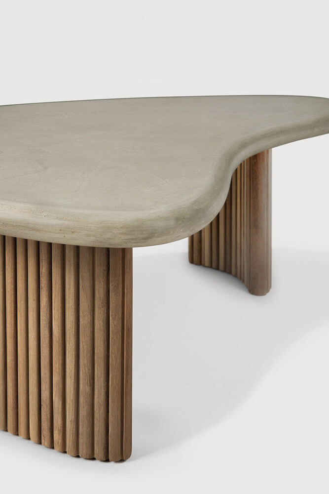 Boomerang Outdoor Coffee Table | Varnished Concrete Top | Reclaimed Teak Base | Light Grey | Pebble Shape | 50" X 29"
