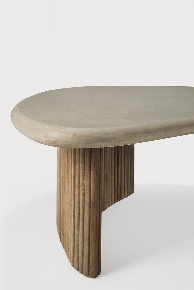 Boomerang Outdoor Coffee Table | Varnished Concrete Top | Reclaimed Teak Base | Light Grey | Pebble Shape | 50" X 29"