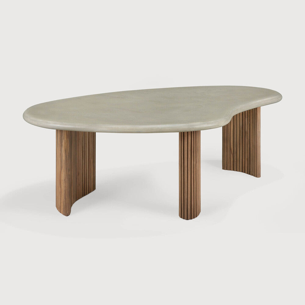 Boomerang Outdoor Coffee Table | Varnished Concrete Top | Reclaimed Teak Base | Light Grey | Pebble Shape | 50" X 29"