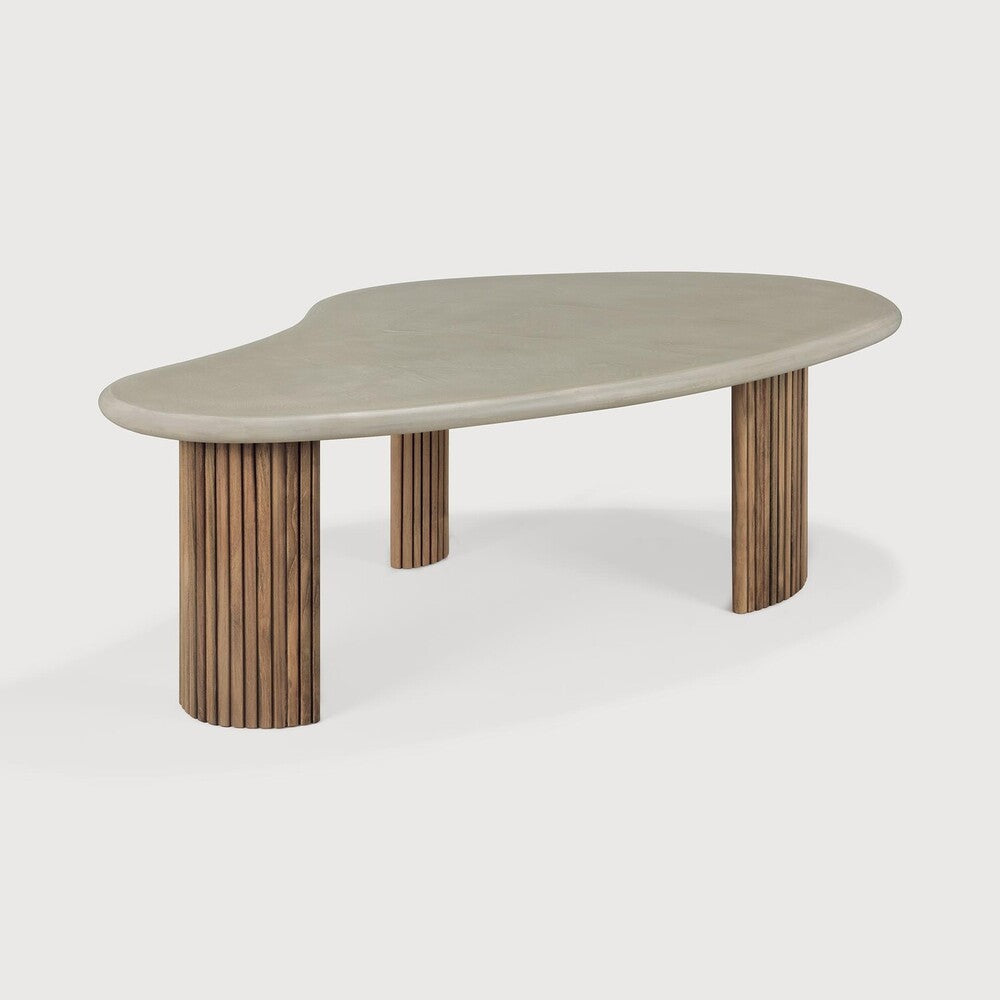 Boomerang Outdoor Coffee Table | Varnished Concrete Top | Reclaimed Teak Base | Light Grey | Pebble Shape | 50" X 29"