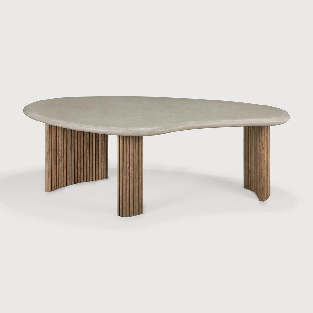 Boomerang Outdoor Coffee Table | Varnished Concrete Top | Reclaimed Teak Base | Light Grey | Pebble Shape | 50" X 29"