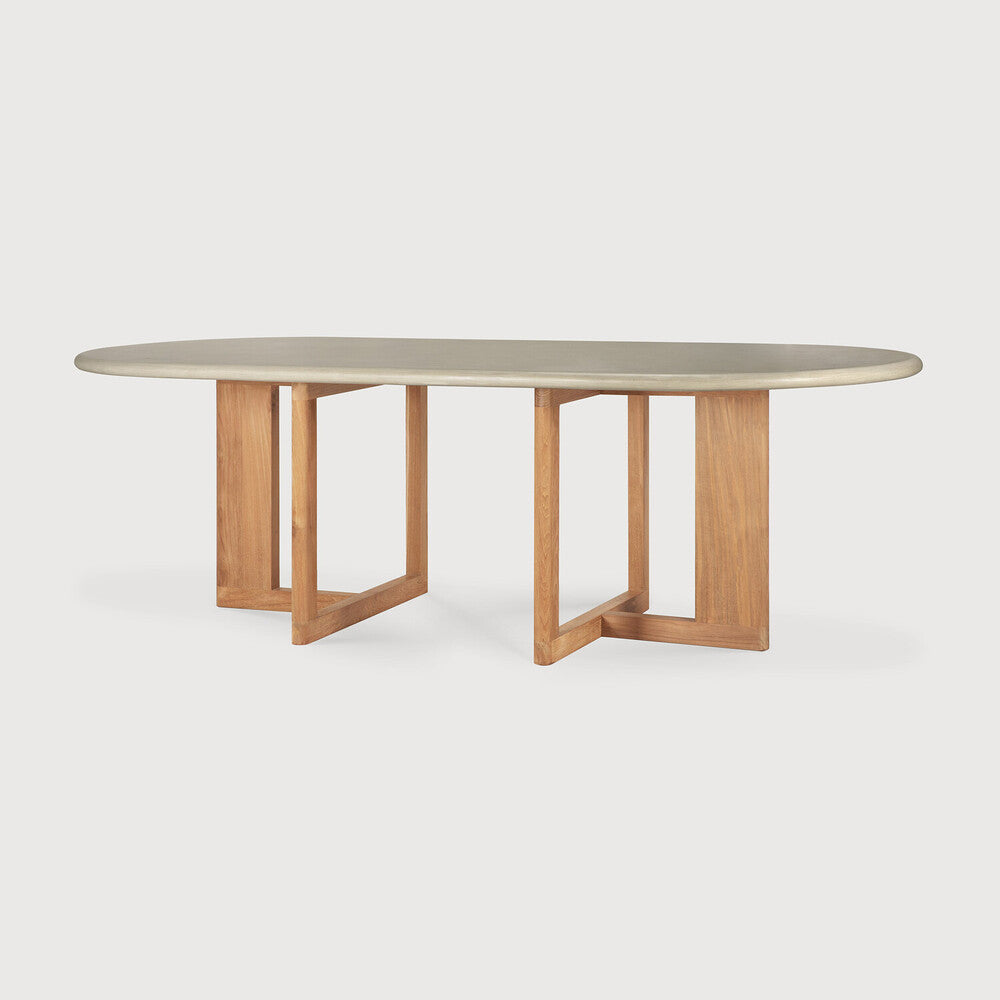 Trestle Outdoor Dining Table | Varnished Concrete Top | Reclaimed Teak Base | Light Grey | Oblong