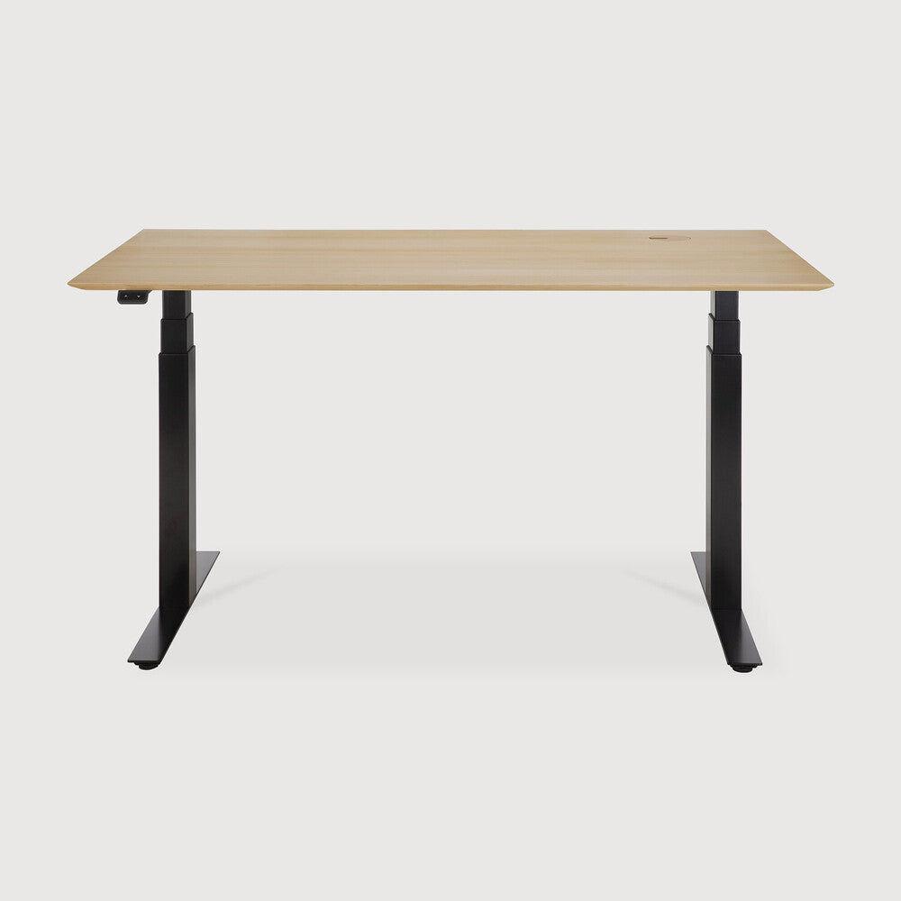 Bok Adjustable Desk | Varnished Oak Top | Black Base | Rectangular | With Cable Management | Us | 55" X 28"