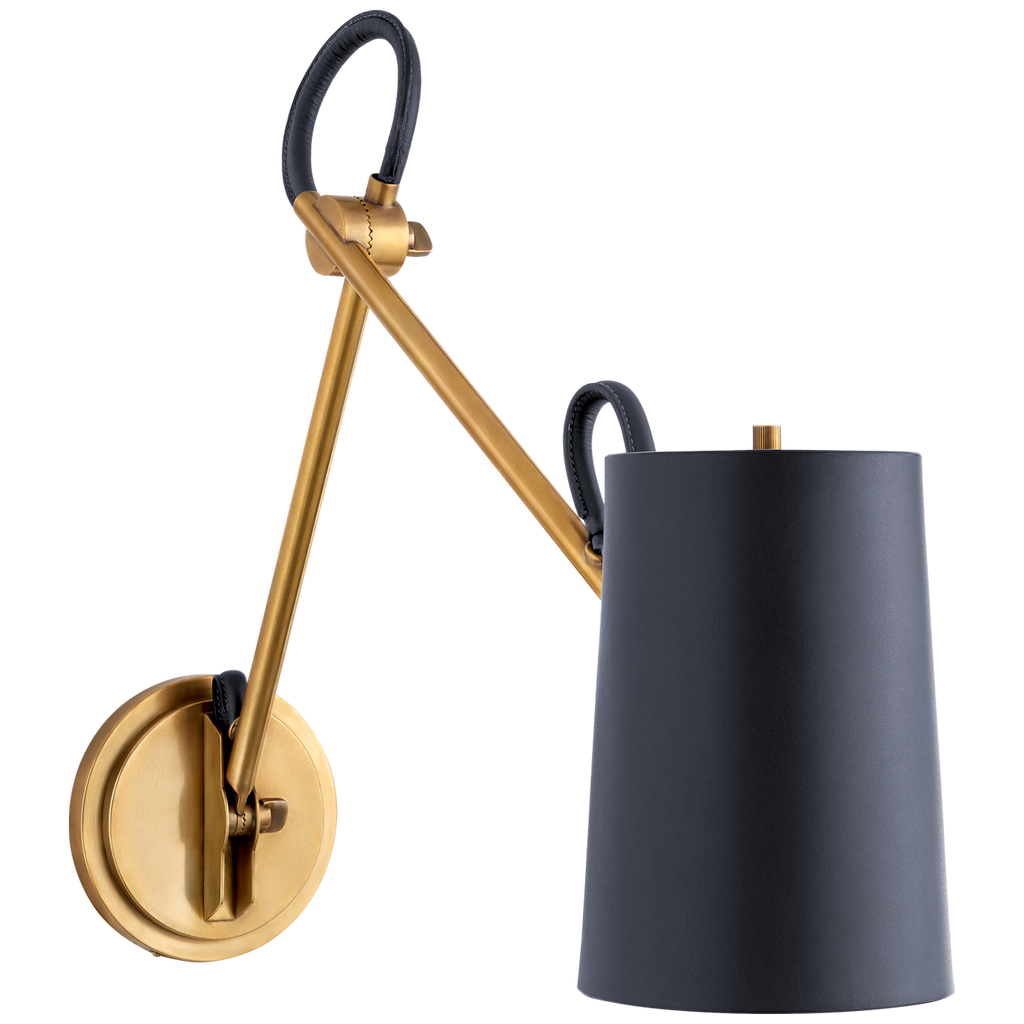 Benton Double Library Sconce | Natural Brass | Navy Leather Shade