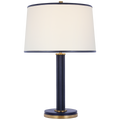 Riley Medium Table Lamp | Natural Brass and Navy | Leather Trimmed Linen Shade