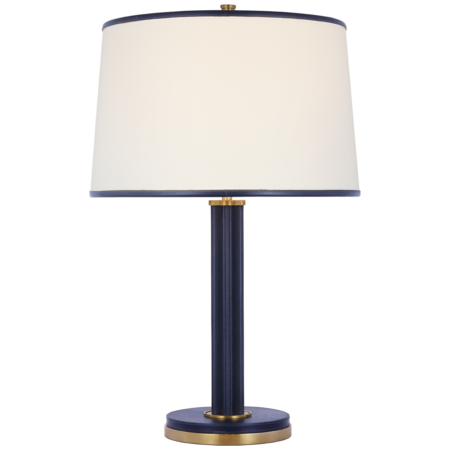 Riley Medium Table Lamp | Natural Brass and Navy | Leather Trimmed Linen Shade