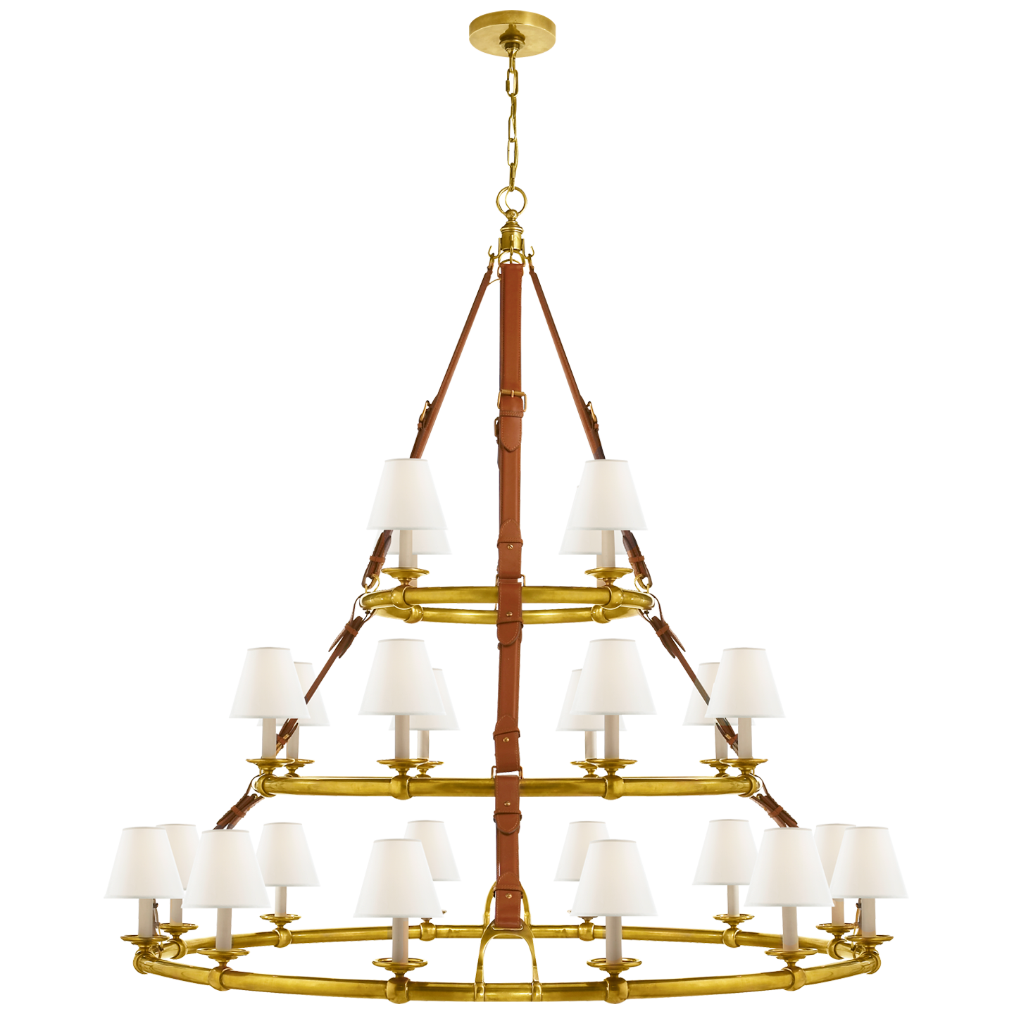 Westbury Triple Tier Chandelier | Natural Brass and Saddle Leather | Linen Shades