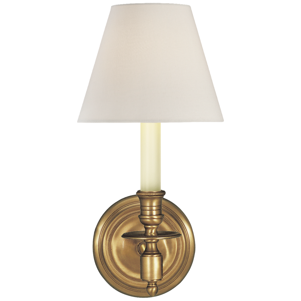 French Single Sconce | Hand-Rubbed Antique Brass | Linen Shade