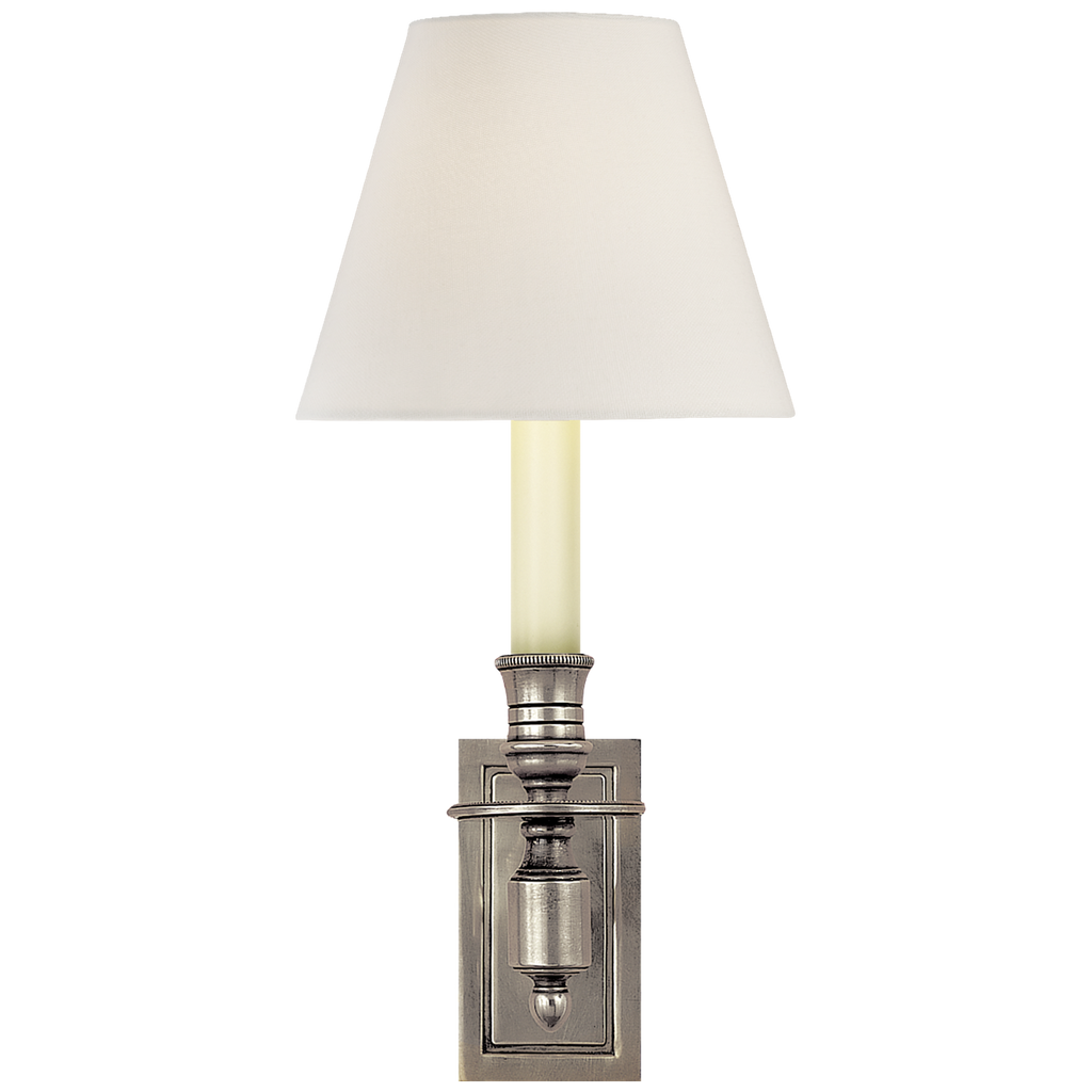French Single Library Sconce | Antique Nickel | Linen Shade
