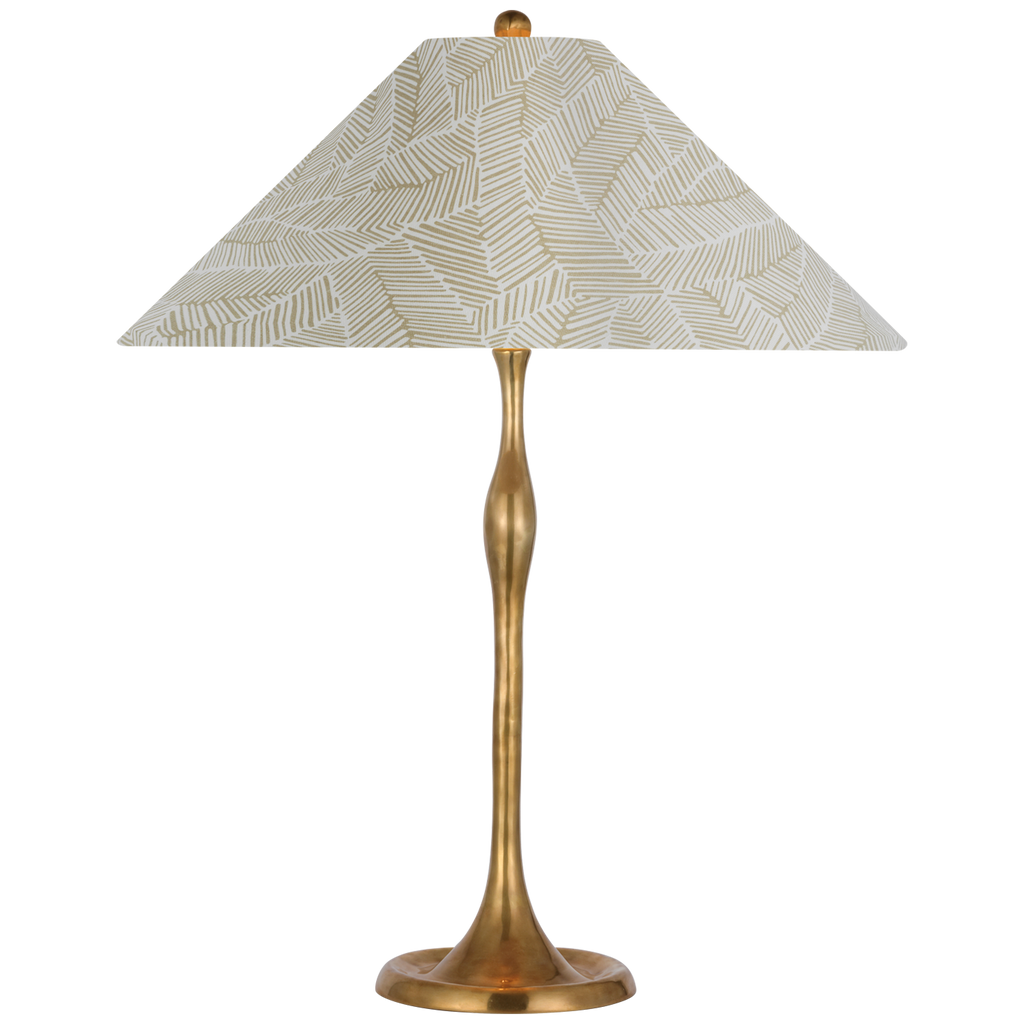 Romero Medium Table Lamp | Hand-Rubbed Antique Brass | Schumacher 19" Taupe Abstract Leaf Flare Shade