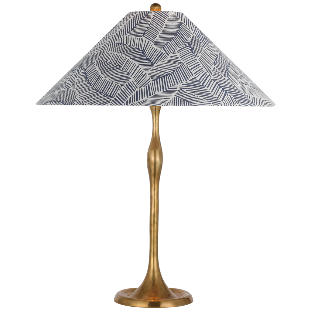 Romero Medium Table Lamp | Hand-Rubbed Antique Brass | Schumacher 19" Navy Abstract Leaf Flare Shade