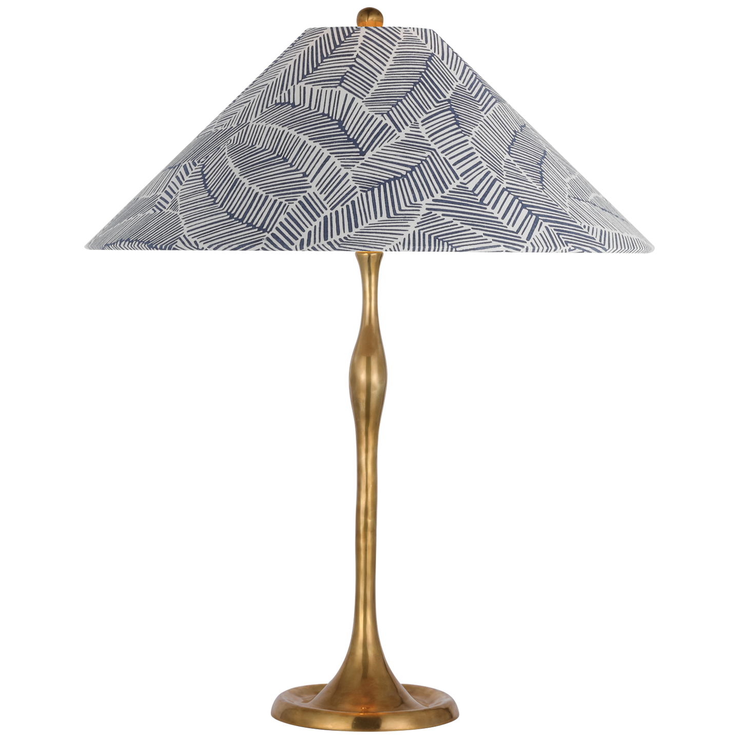 Romero Medium Table Lamp | Hand-Rubbed Antique Brass | Schumacher 19" Navy Abstract Leaf Flare Shade