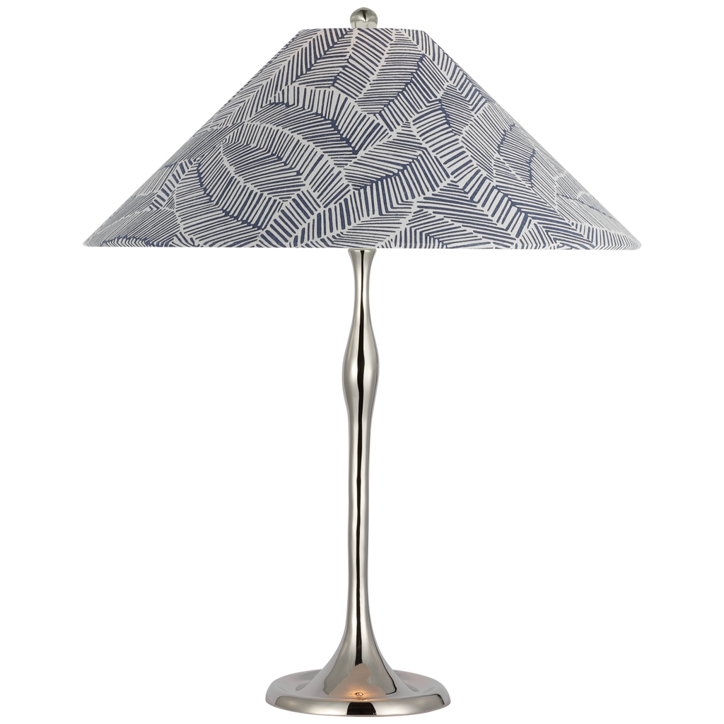 Romero Medium Table Lamp | Polished Nickel | Schumacher 19" Navy Abstract Leaf Flare Shade