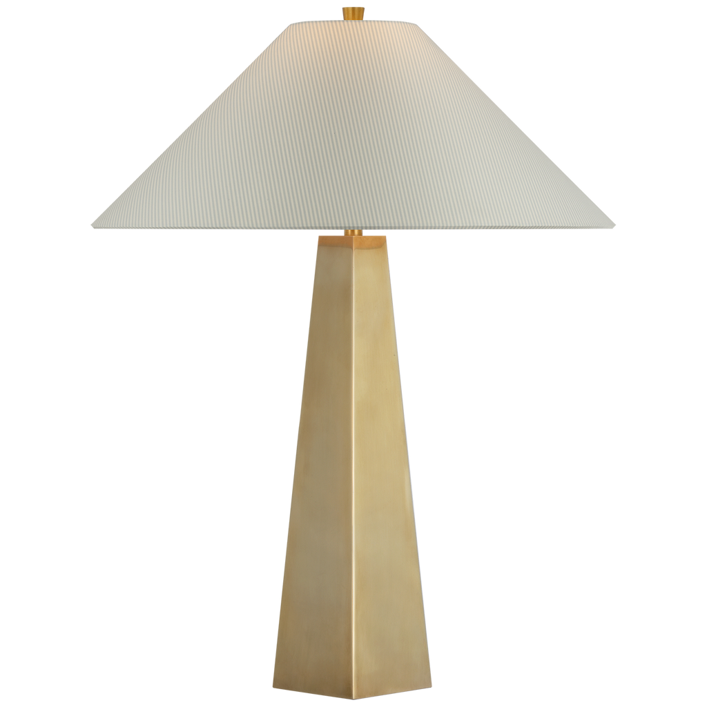 Zoran Medium Table Lamp | Hand-Rubbed Antique Brass | Schumacher 21" Blue Charee Stripe Flare Shade