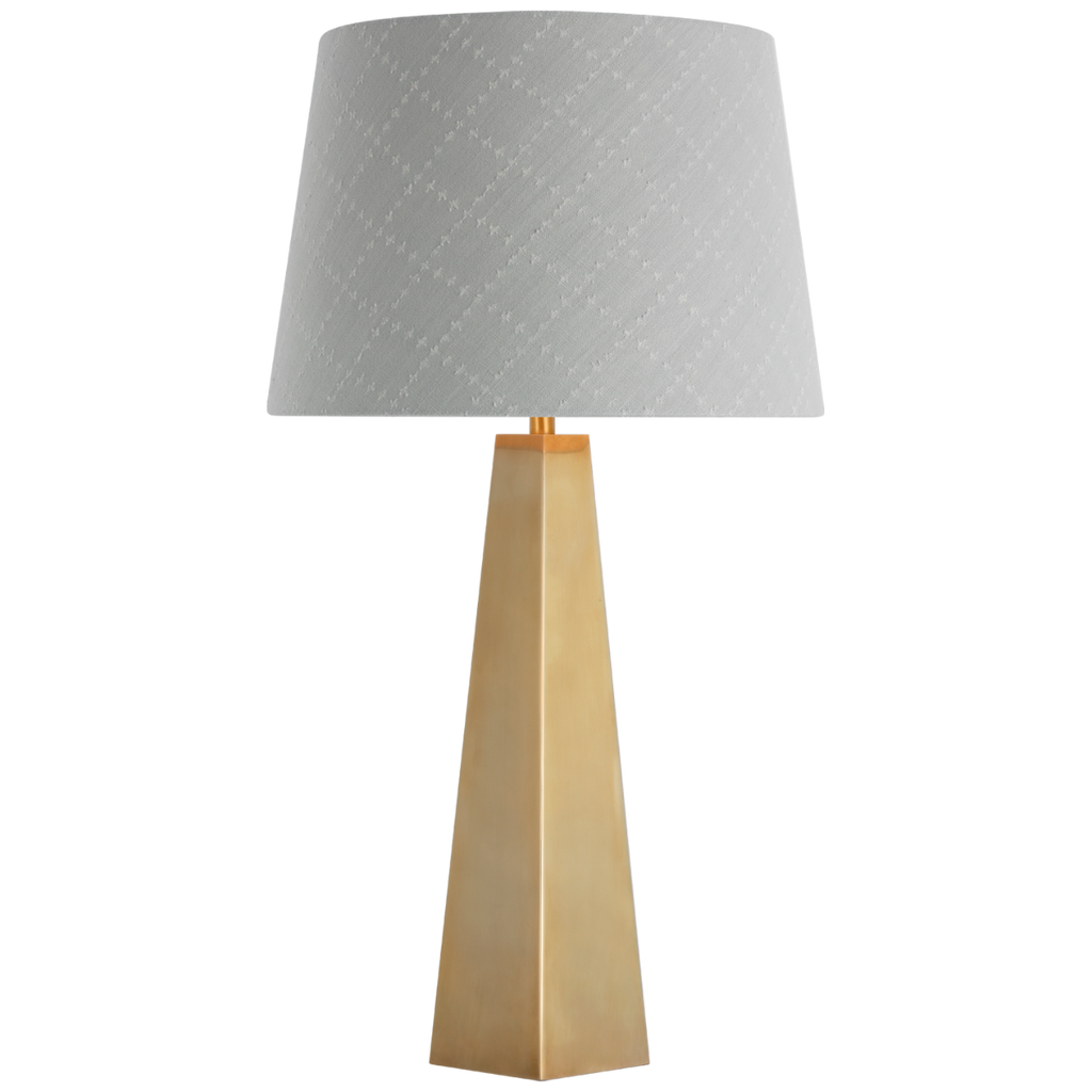 Zoran Medium Table Lamp | Hand-Rubbed Antique Brass | Schumacher 16" Sky Elin Check Empire Shade