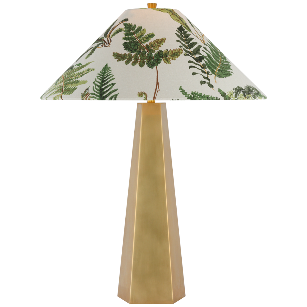 Zoran Medium Table Lamp | Hand-Rubbed Antique Brass | Schumacher 21" Document Les Fougeres Flare Shade