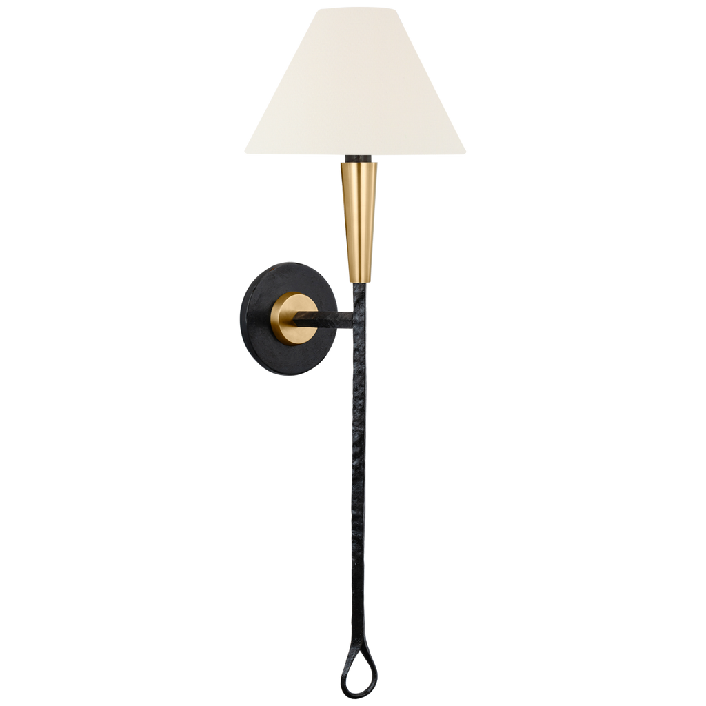 Cavalli 27" Tail Sconce | Aged Iron and Hand-Rubbed Antique Brass | Linen Shade