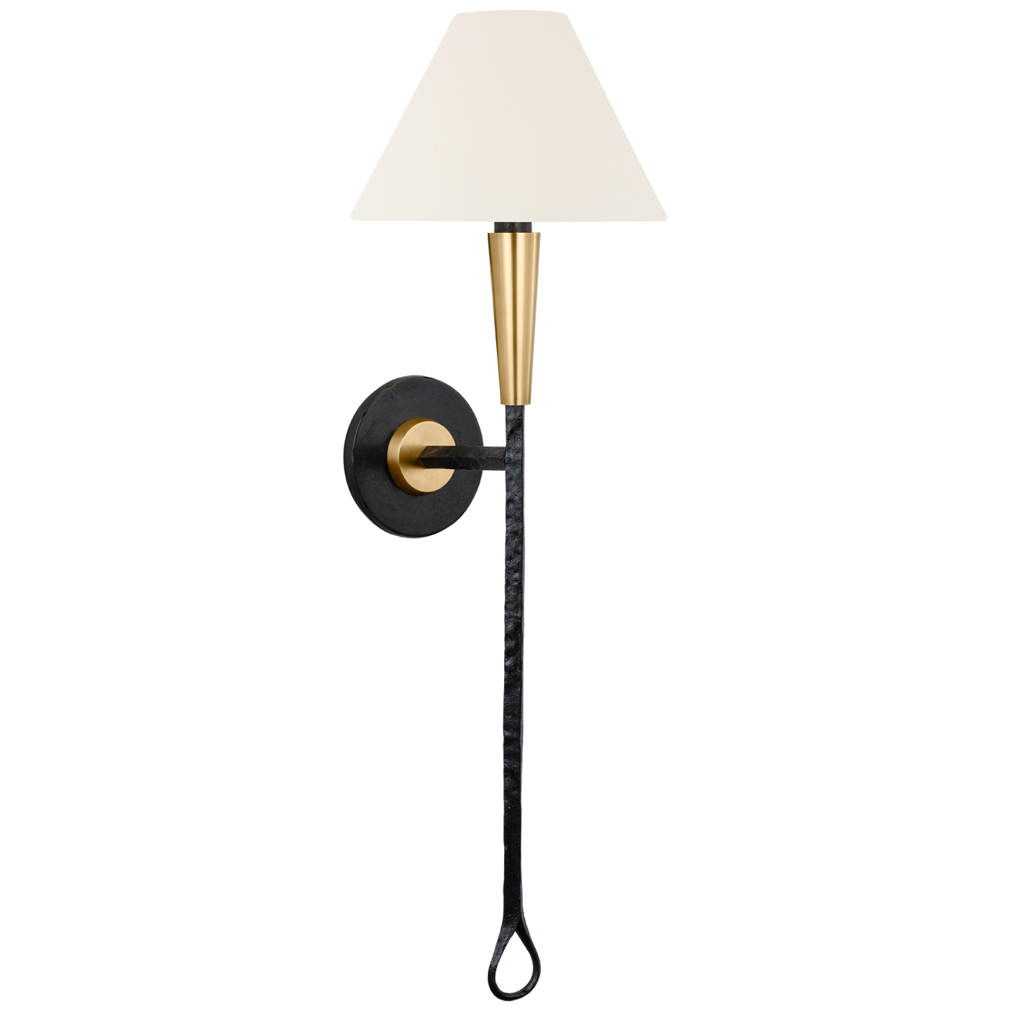 Cavalli 27" Tail Sconce | Aged Iron and Hand-Rubbed Antique Brass | Linen Shade