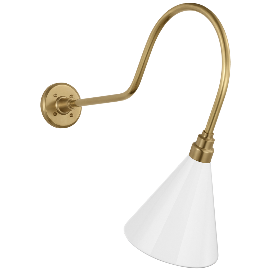 Academy 26" Angled Flynn Barn Light | Hand-Rubbed Antique Brass | 9 | 9" White Conical Savannah Shade