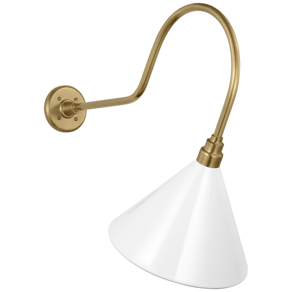 Academy 26" Angled Flynn Barn Light | Hand-Rubbed Antique Brass | 12.5 | 12.5" White Conical Savannah Shade