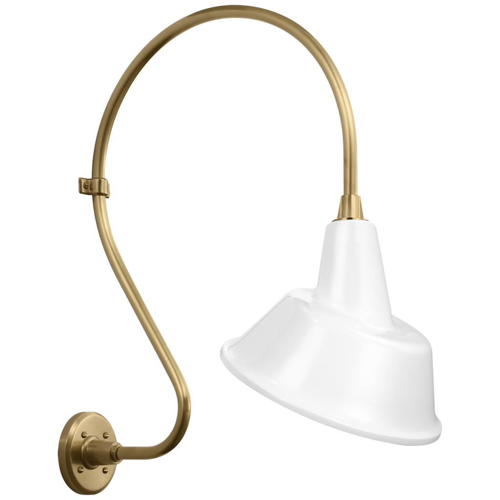 Academy 18" Larrabee Barn Light | Hand-Rubbed Antique Brass | 12.5 | 12.5" White Tilted Bowers Shade