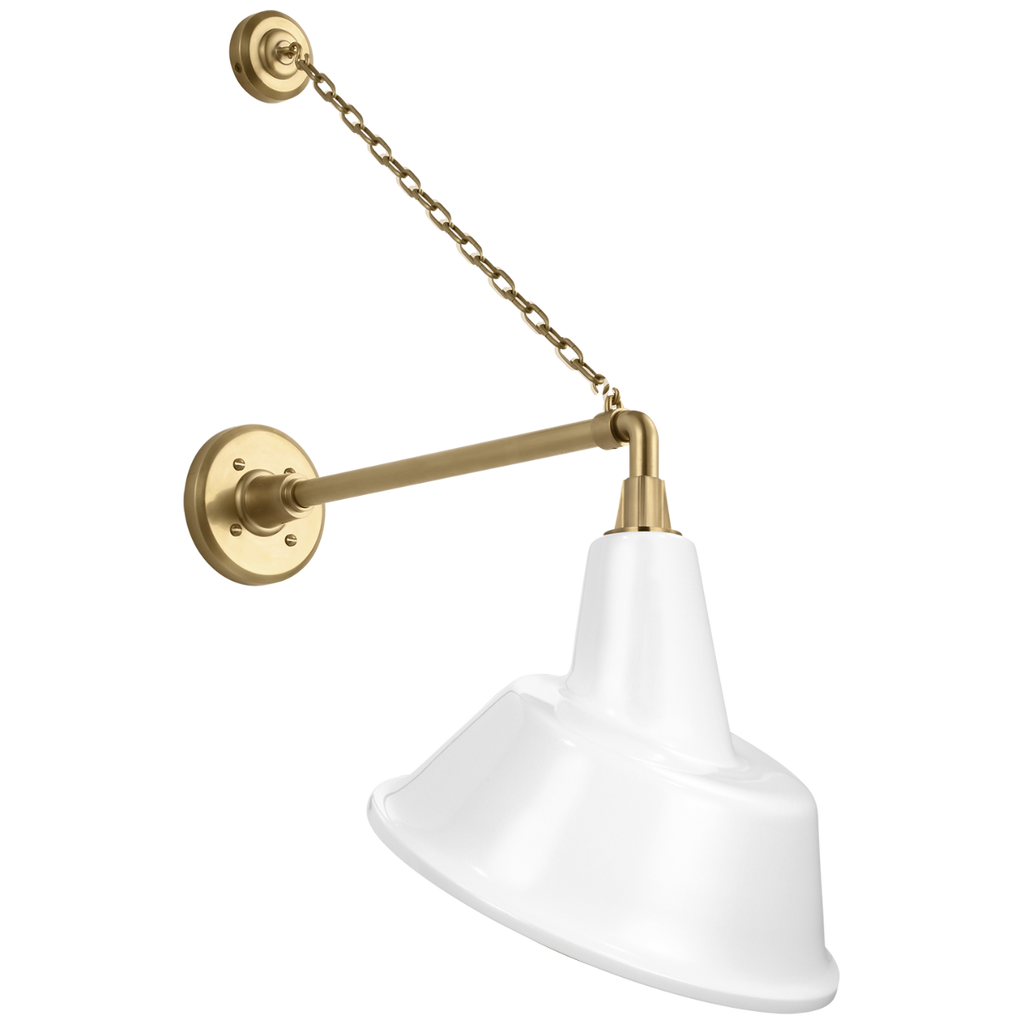 Academy 17.5" Anchored Mack Barn Light | Hand-Rubbed Antique Brass | 12.5 | 12.5" White Tilted Bowers Shade