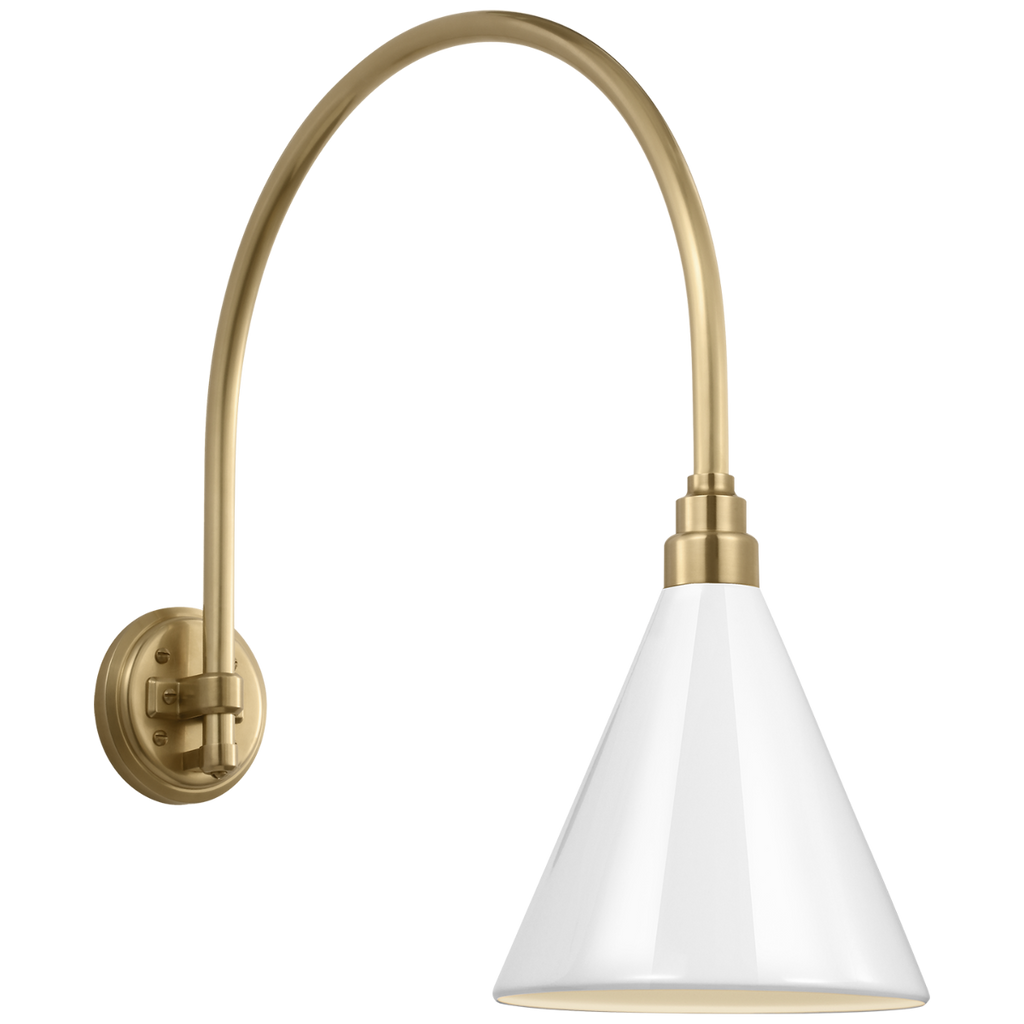 Academy 19.5" Arched Mack Barn Light | Hand-Rubbed Antique Brass | 9 | 9" White Conical Savannah Shade