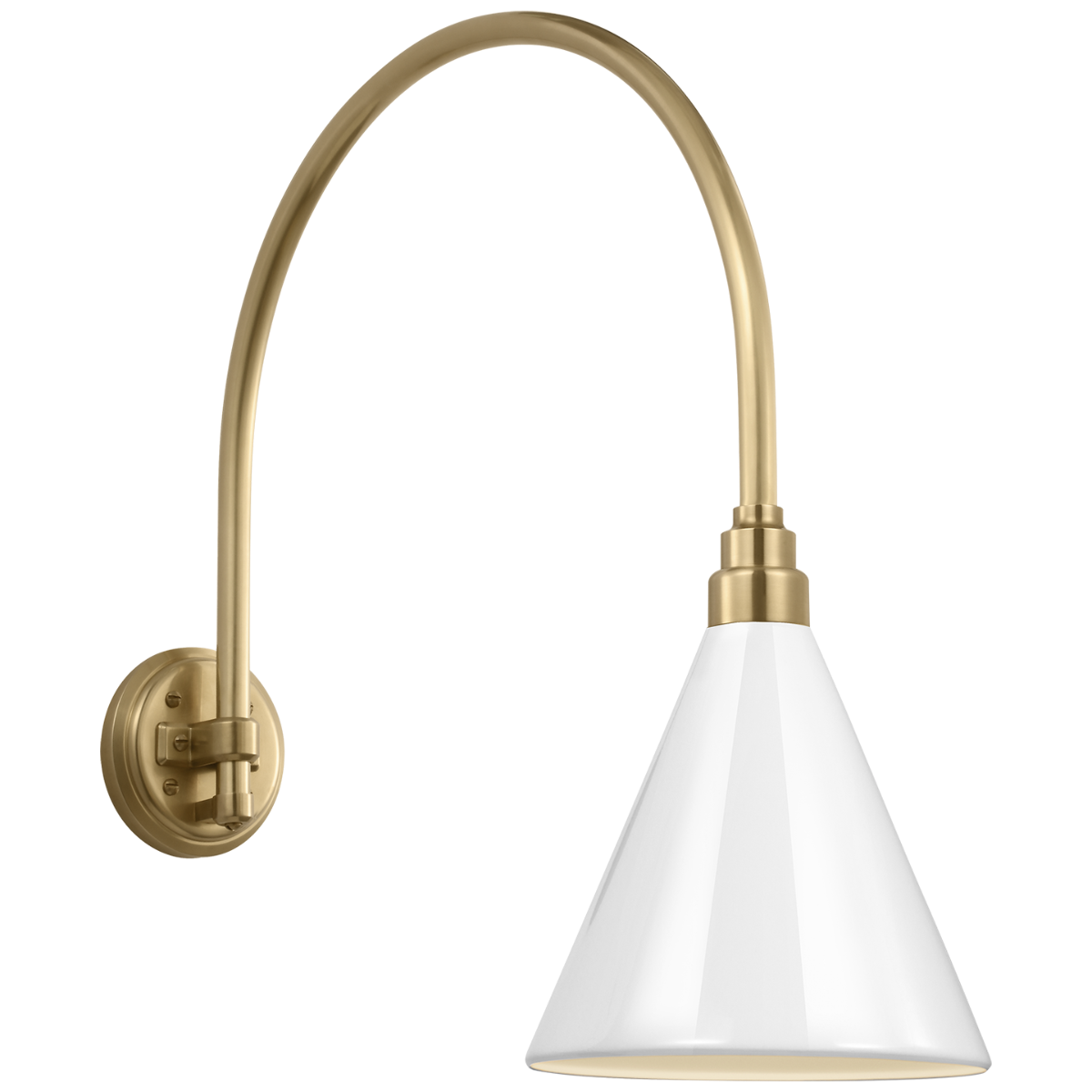 Academy 19.5" Arched Mack Barn Light | Hand-Rubbed Antique Brass | 9 | 9" White Conical Savannah Shade