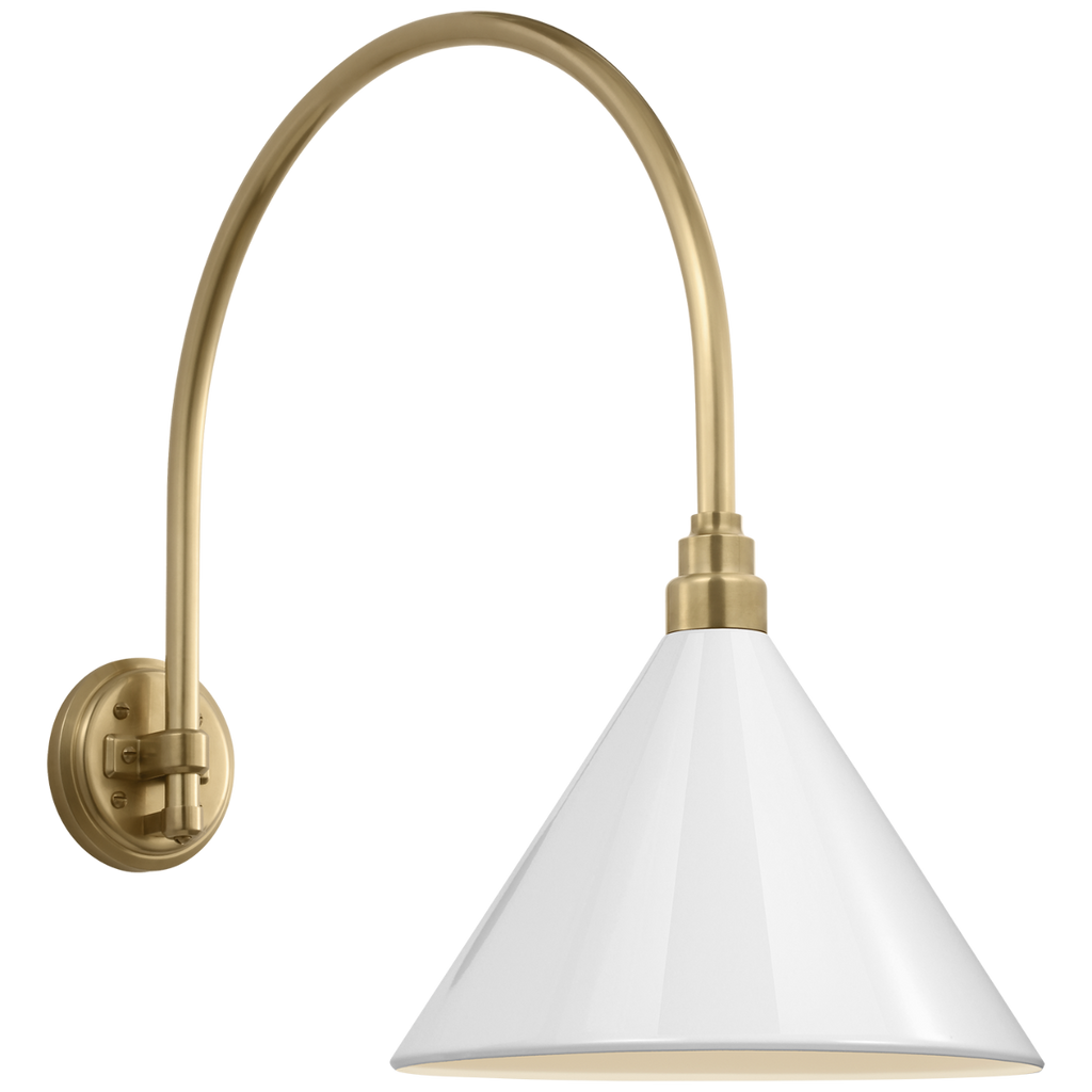 Academy 19.5" Arched Mack Barn Light | Hand-Rubbed Antique Brass | 12.5 | 12.5" White Conical Savannah Shade