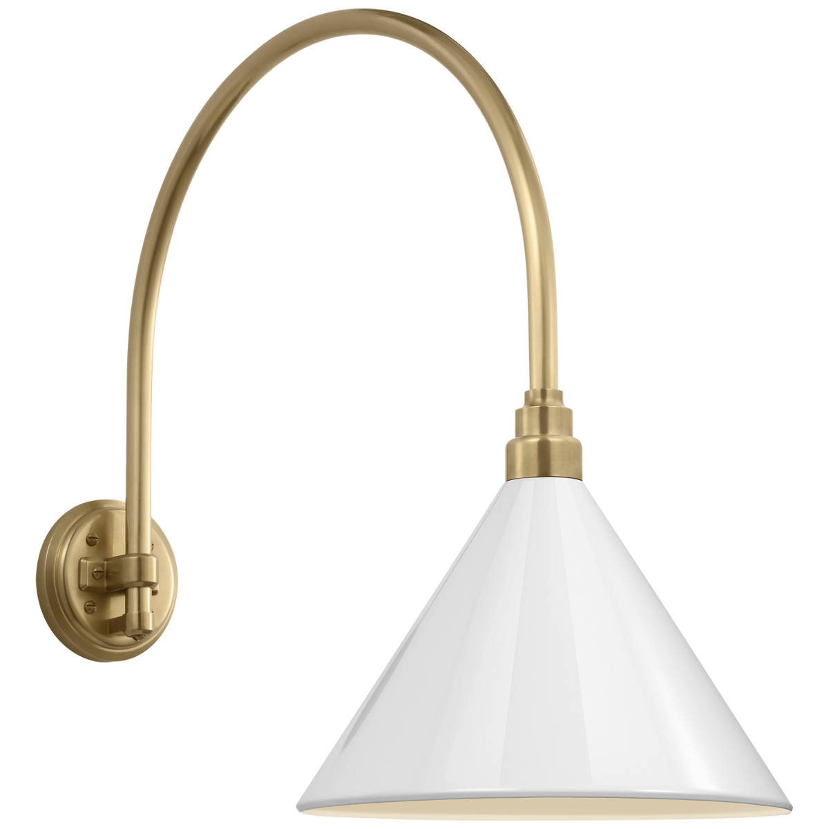 Academy 19.5" Arched Mack Barn Light | Hand-Rubbed Antique Brass | 12.5 | 12.5" White Conical Savannah Shade