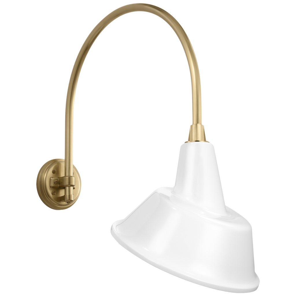 Academy 19.5" Arched Mack Barn Light | Hand-Rubbed Antique Brass | 12.5 | 12.5" White Tilted Bowers Shade