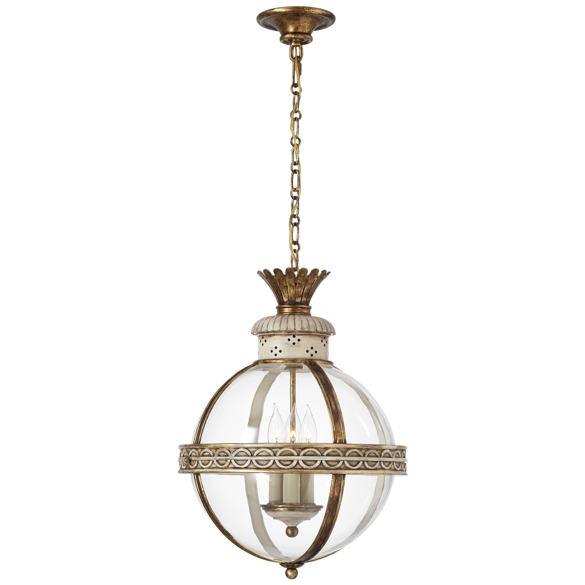 Crown Top Banded Globe Lantern | Antique White | Clear Glass