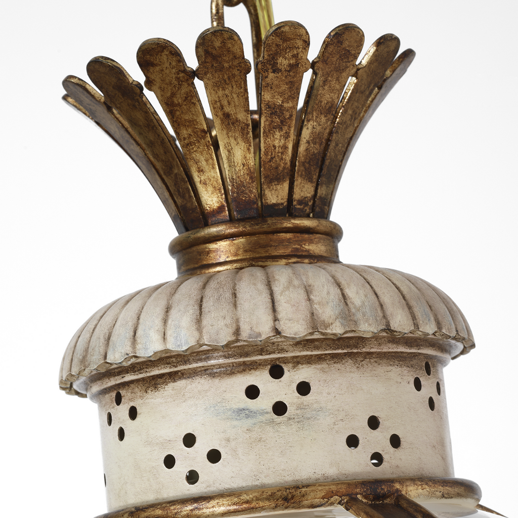 Crown Top Banded Globe Lantern | Antique White | Clear Glass