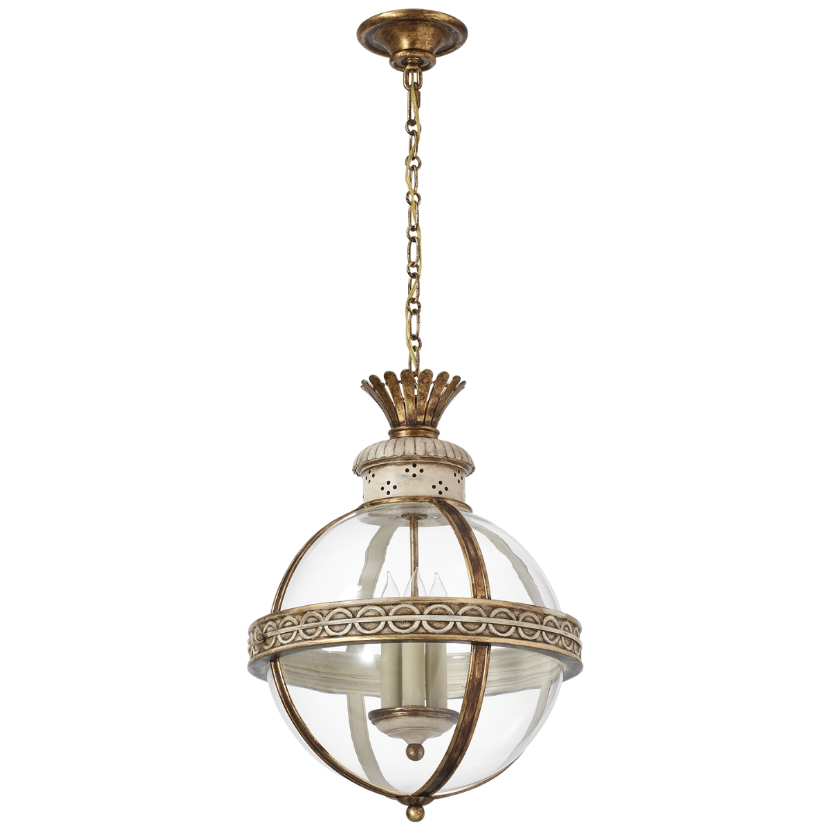 Crown Top Banded Globe Lantern | Antique White | Clear Glass
