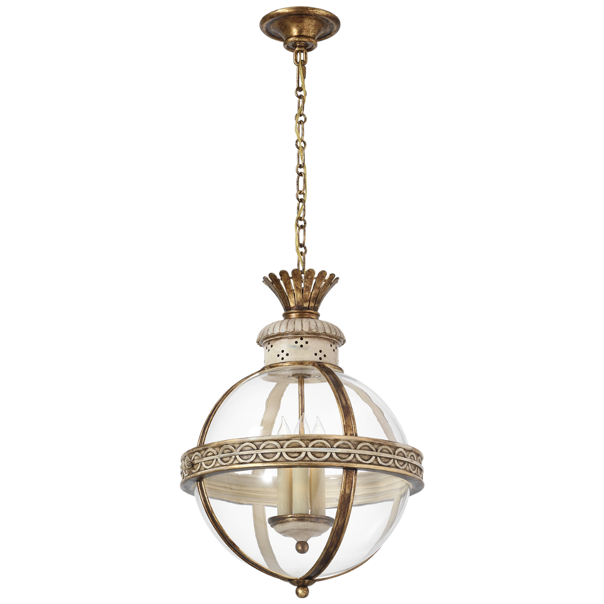 Crown Top Banded Globe Lantern | Antique White | Clear Glass