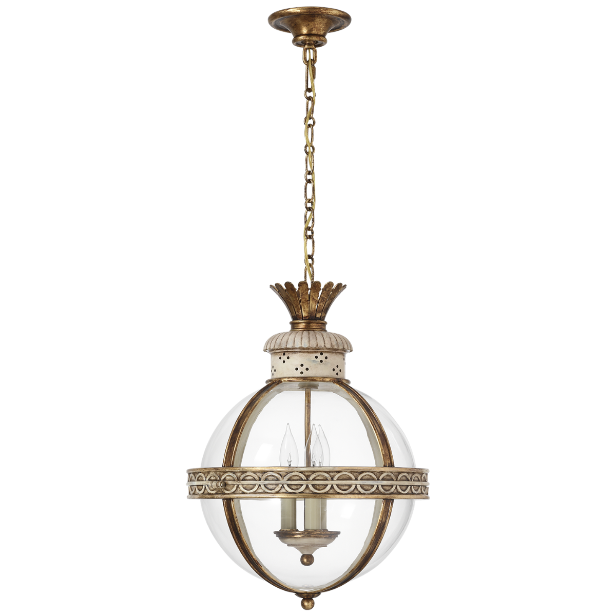 Crown Top Banded Globe Lantern | Antique White | Clear Glass