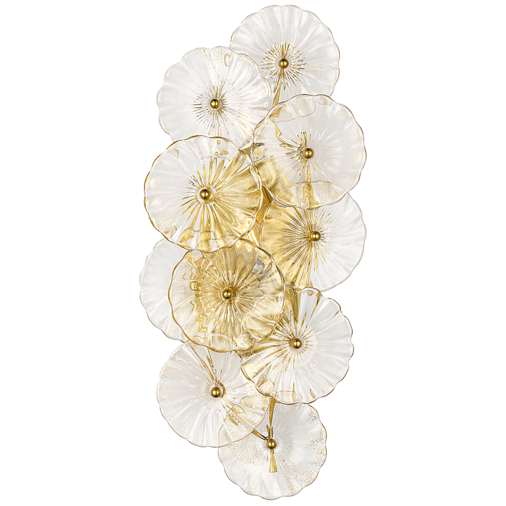 Gianna 21" Layered Sconce | Hand-Rubbed Antique Brass | Gold Fleck Glass